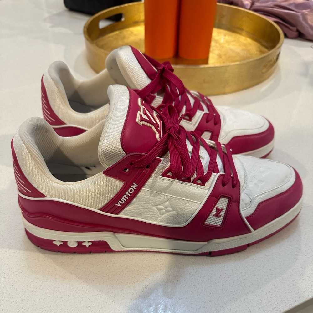 Men’s Louis Vuitton fuchsia trainers size 12. Gently used sneakers.